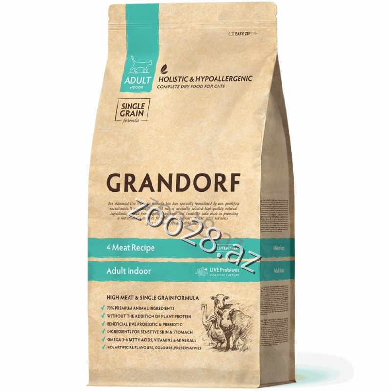 Grandorf Adult Cat Indoor с 4 Видами Мяса - Кошки | Zoo28.az