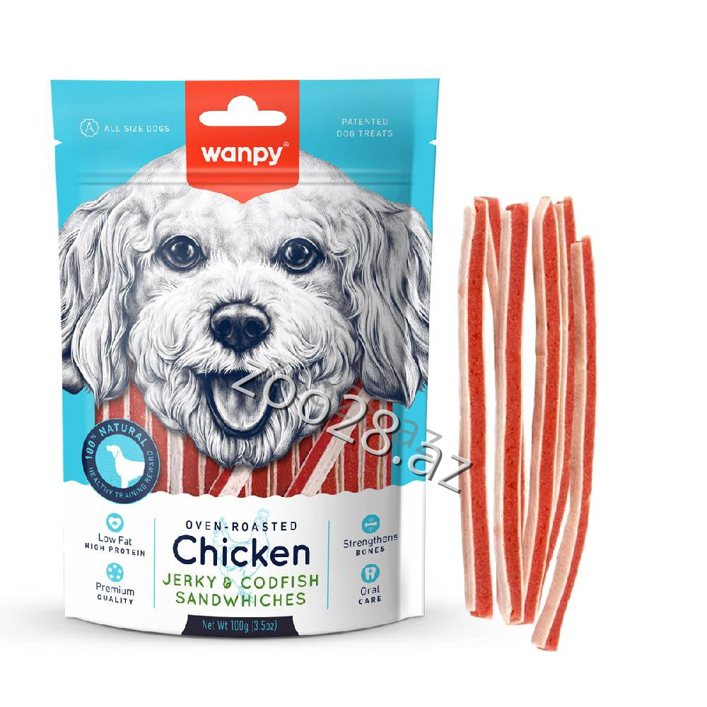 Wanpy Chicken Jerky с куриным мясом и треской 100г - Собаки | Zoo28.az