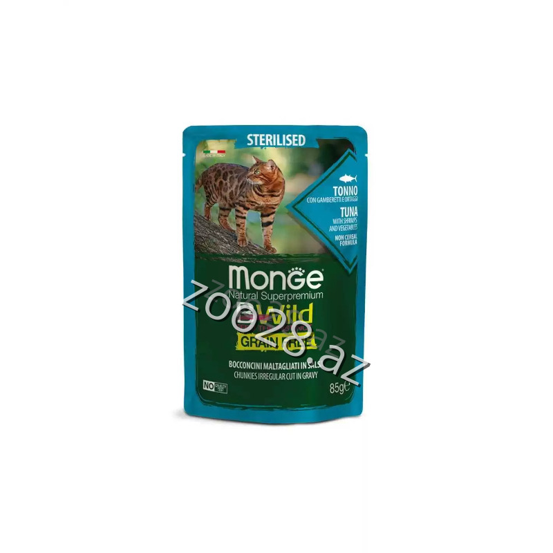 Monge Bwild Sterilised с  беззерновым составом,  тунец, с креветками и овощами, 85 г - Кошки | Zoo28.az