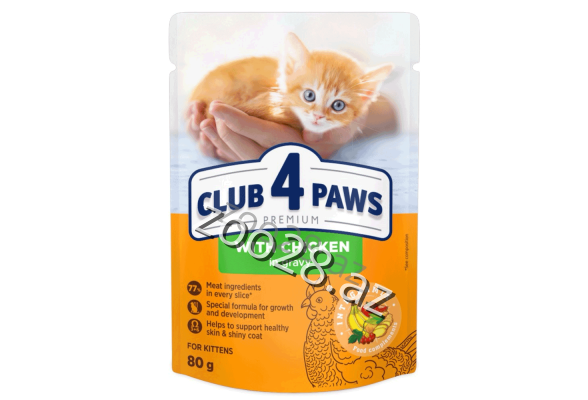Club 4 Paws Kitten Toyuq Əti İlə Bala Pişiklər Üçün 80 qr - Pişiklər | Zoo28.az